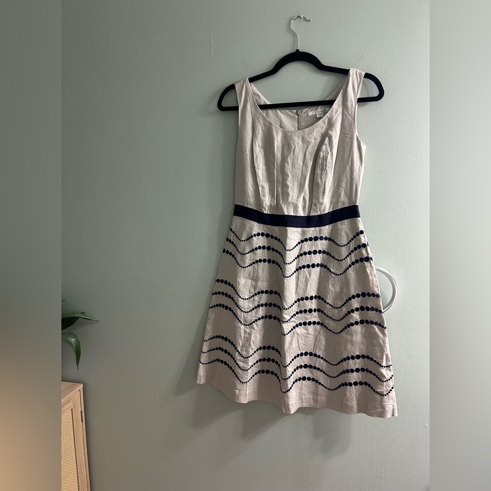 Boden Wavy Dots Embroidered Linen A-Line Dress in natural and navy